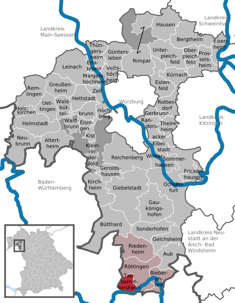 Lage der Gemeinde Tauberrettersheim im Landkreis Würzburg